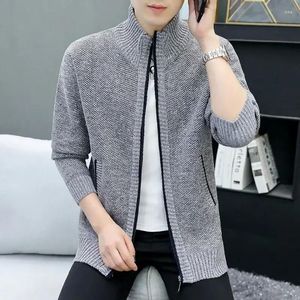 Men's Sweaters Knit Sweater Male Zipper Clothing Plain Beige Solid Color Collared Cardigan Zip-up Mode Neck Classic Korean Autumn Clothes