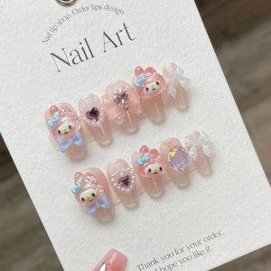 Handmade Kawaii Pink Press on Nails Short Cute Korean Fairy Design Full Cover Nails Tips Reusable Adhesive Fake Nails for Girls 240129