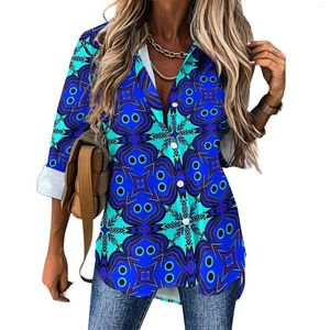 Женские блузки Geo Print Blouse Blue Mandala Модные обычные повседневные женские базовые рубашки Осень длинное рукав негабаритный топ