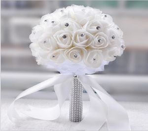 Bianco avorio PE Fiori Bouquet da sposa Cristallo adornato Mano che tiene la mano da sposa Tiene bouquet da damigella d'onore economico 20196158069