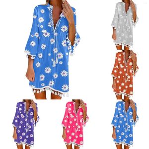 Casual Dresses Women s Summer V Neck Tie 3 4 Sleeve Floral Print Loose Flowy Shirt Dress