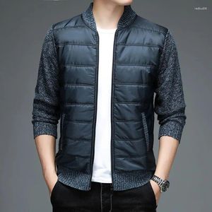 Erkek Ceketler Sonbahar Kış Patchwork Fleece Men Moda Moda Gündelik Stand Yaka Kontrast Renk Örme Uzun Kollu İnce Katlar