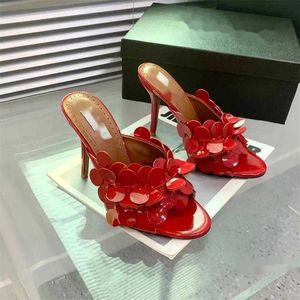 Petal decoration mules slippers sandals stiletto slides open toe shoes women's designer leather Dress shoe outsole evening shoes factory footwear