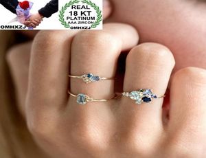 Omhxzj todo europeu três anéis de pedra moda mulher menina festa presente casamento fino ouro azul zircão 18kt amarelo ouro anel conjunto 8181672