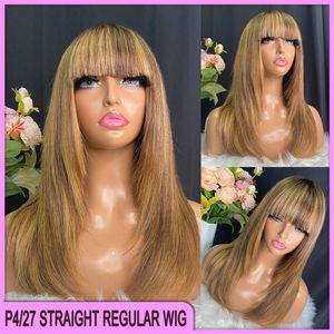 Grade 12A Peruvian Indian Brazilian P4/27 Silky Straight Regular Bang Wig 14 Inch 100% Raw Virgin Remy Human Hair