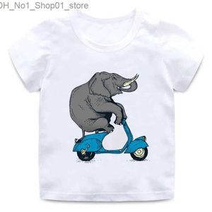 Camisetas Crianças bonito elefante equitação motocicleta impressão T-shirt 3D elefante camisa meninos e meninas macio em torno do pescoço casual t-shirt Q240218