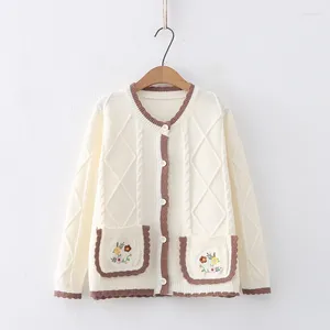 レディースニット2024秋の冬のセーター刺繍花ポケットカラーブロックニットカーディガンコート