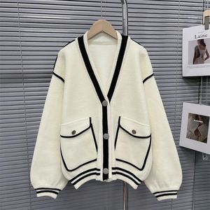 Suéteres femininos outono oversize jaqueta branca para mulheres com decote em v solto malha de manga comprida cardigan outerwear jumper