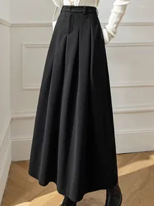 Saias Coreano Saia De Lã Mulheres Elegante Casual Longo Outono Inverno Cintura Alta A-Linha Escritório Senhora Moda Solta Sólida