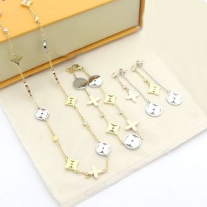 Europe America Fashion Style Jewelry Sets Lady Women Stainless Steel Engraved V Letter Inlay Diamond Hollow Out Flower Pendant Long Necklace Earrings Bracelet