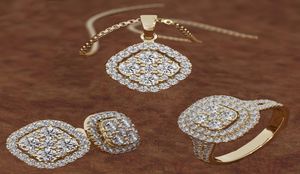 Bröllopspresent klassiska damer 18k guld diamant bröllop smycken set örhängen hänge halsband ring engagemang tillbehör3408180