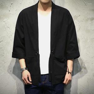 Ethnic Clothing Chinese Style Retro Kimono Cardigan Solid Black Men Haori Male Yukata Harajuku Japanese Streetwear Jacket Obi PLUS SIZE