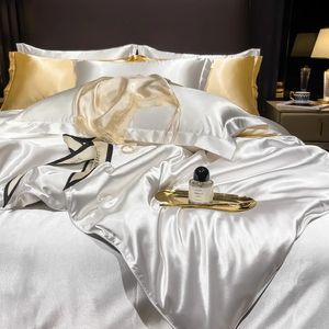 Echtes Bettwäscheset aus 100 Maulbeerseide mit Bettbezug, flachem Bettlaken und Kissenbezug, einfarbig, 4-teilig, King-Size-Twin-Sets 240131