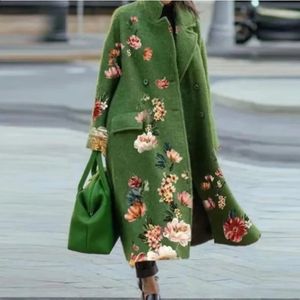 Autumn Long Wool Coat for Women Y2K Clothes Casual Fashion Long Sleeve Lapel Collar Print Loose Jacket Trench Outwear 240122