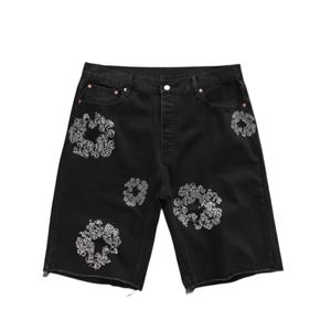 Denim jeans shorts homens designer mulheres curto jean para homens alta qulity furos retos apertado flor impressão shortpants magro hip hop rua calças pretas roupas
