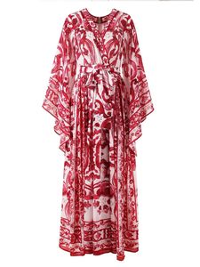 Abito da donna in chiffon di seta a tre quarti con maniche volanti con scollo a V, vacanze per feste, abiti lunghi, moda, stampa in porcellana rossa