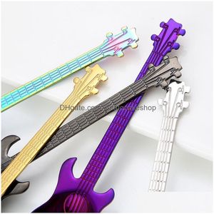 Spoons Creative 304 Rostfritt stål Small Coffee Guitar Violin Shape Dessert Spoon Stirring Lovely Titanium Plated Ice Scoop Drop de DHQVS