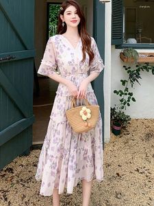 Party Dresses Summer Purple Floral Chiffon Flare Sleeve V-Neck Dress Women Elegant Ruffled Beach Long 2024 International Brand