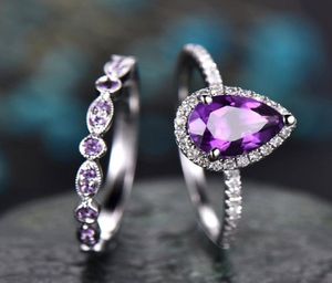 Moda chique roxo gota de água forma zircão senhoras anéis conjunto completo zircão anel de noivado para festa de casamento feminino jóias anillos9181897
