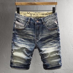 Jeans masculinos verão na moda moda homens retro lavado azul elástico rasgado curto homme vintage designer casual denim shorts