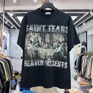 メンズTシャツオイルペインティングディナーと抽象レタリング印刷されたオーバーシャ​​ツ