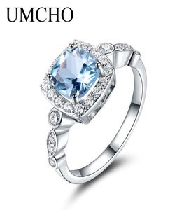 Umcho real s925 anéis de prata esterlina para mulheres azul topázio anel pedra preciosa aquamarine almofada presente romântico jóias de noivado c09243132608