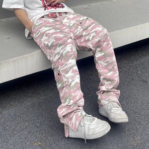 Harajuku Camou Camou Cargo Pants for Women hip Hop Zipper Multi-Pocket Pink Camouflage Micro Flared Pants Men Y2K Slim Fit Clothing240202