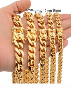 8mm 10mm 12mm 14mm 16mm Miami Cuban Link Chains Aço Inoxidável Mens 14K Correntes de Ouro Alto Polido Punk Curb Necklaces2145161