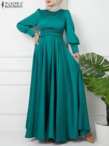 Etniska kläder zanzea kvinnor elegant puffhylsa solid kalkon muslimsk klänning mode höst party satin sundress dubai abaya hijab vestido