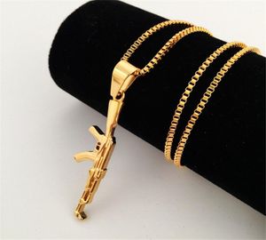 18k Gold Plated Machine Gun Pendant Army Charm Bullet Halsband Rostfritt stål 27 tum70 cm lång låda kedja halsband men039s c1292859