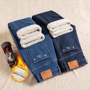 Jeans da uomo 2024 pantaloni invernali di marca pantaloni in pile spessi micro ispessiti termici classici business casual elasticizzati regolari