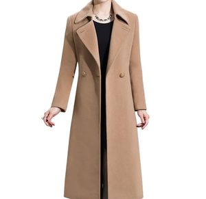 女性のエレガントなソリッドカラーミッドレングス厚い温かいウールブレンドコート
