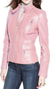 Women's Leather Women Lambskin Jacket Ladies Coat Fashion Motorcycle Slim Fit Pink Trench