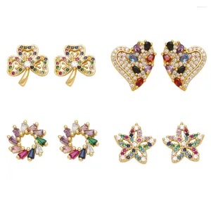 Stud Earrings FLOLA Tiny Multicolor Crystal Heart For Women Copper Gold Plated Clover Ear Studs Rainbow Jewelry Gifts Erst18