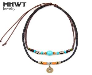 Mnwt colar com pingente de moeda antiga/contas de madeira multicamadas colar boêmio moda joias masculinas de couro genuíno colares 4711635