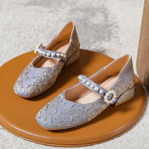 Dress Shoes Traf Pleated Fabric Mary Janes Woman String Beaded Ladies Low Heels Loafers Femme Brides Wedding High Heeled Tacones Mujer