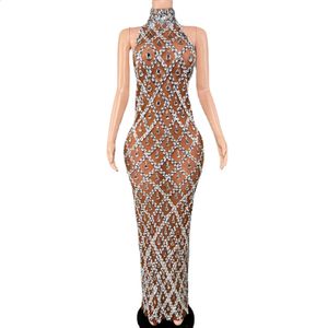 Sparkly Rhinestones Sleeveless Long Dress Elegant Dark Mesh Celebrate Evening Wedding Prom Gown Birthday Dress Pograph Wear 240130