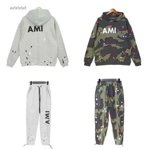 Designer Fashion Amirs Hoodie Pants Two-piece Speckle Letter Print and Camouflage Army Green Hooded Sweater Men Women Loose 9FC2
