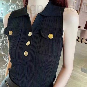 Kvinntankar Camis Designer Brand 23 Summer New B Family Solid Stripe Double Row Metal Button Pocket Lapel Sleeveless Knitted Mervatile Tank Top for Women OMA5