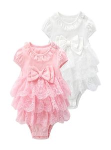 Yeni doğan kız bebek atlayıcıları dantel yay doğum günü kızları prenses tulum bebek kolu yaz için tül cupcake elbisesi 9899411