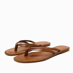 Slippers TRAF Brown Flat Flip-flops For Women 2024 Chic Round Head Strappy Female Casual Beach Flats Sandals Summer Shoes