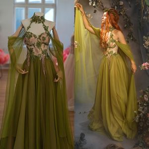 Vintage viktorianska aftonklänningar från axeln Long Limen Green Chiffon Special Occasion Dress for Women Pärlor Lace Applicques En linje Medeltida promklänning