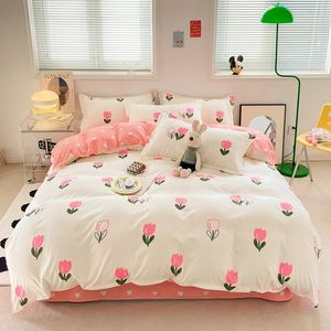 Set di biancheria da letto Copripiumino principessa tulipano rosa Federa Lenzuola piatte Piumino carino Biancheria da letto doppia singola doppia king size