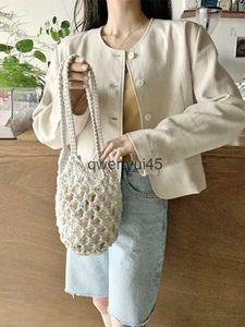 Totes 2021 Summer ollow Woven Soulder Bag Solid Color Ligtweigt Casual Wild Bucket Purse andbag wit Inner DrawstringH24218