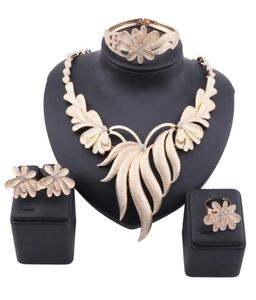 New Flowers African Beads Jewelry Set Gold Color Crystal Women Wedding Necklace Bangle Earring Ring Set1950535