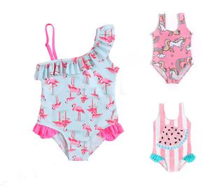 25 styles kids OnePieces swimwear Cartoons unicorn flamingo Watermelon Swimsuits kid bikini ruffle Beach Sport bathing suits 6272546