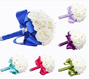 2020 Ny brudbukett bröllopsdekoration Artificial Bridesmaid Flower Crystal Silk Rose Royal Blue White Green Lilac Fuchsia Min6318511