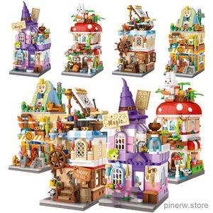 Blocos cidade rua vista mini bloco de construção dos desenhos animados casa cogumelo casa mágica 3d castelo modelo montado brinquedo decoração para casa presente