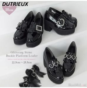 Yaz Sonbahar Kadın Ayakkabı Japon Lolita Ayakkabı Rhinestone Pompaları Bayanlar için Kare Buckle Kalp Toka Topuk Platformu 240129