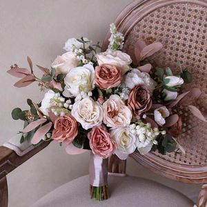 Decorative Flowers High-Quality European Wedding Bride Bouquet Bridesmaid Hand Tied Artificial Rose Flower Decor Home Holiday Party Supply